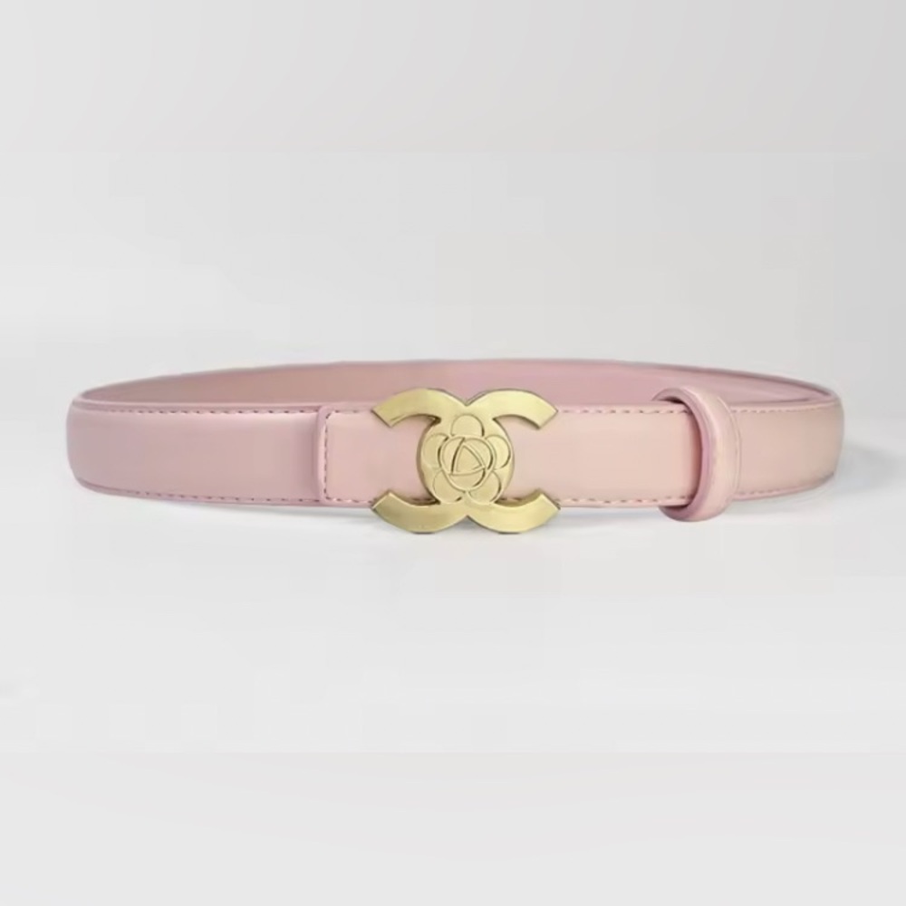 High Fashion Rose Embroidered Pink Belt with Gold Buckle